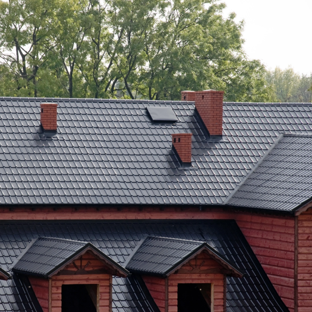 Shiny new metal roof on home after installation